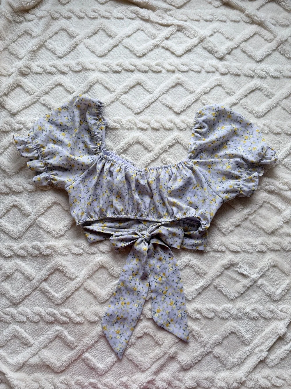 Floral Puff-Sleeve Crop Top - Lilac